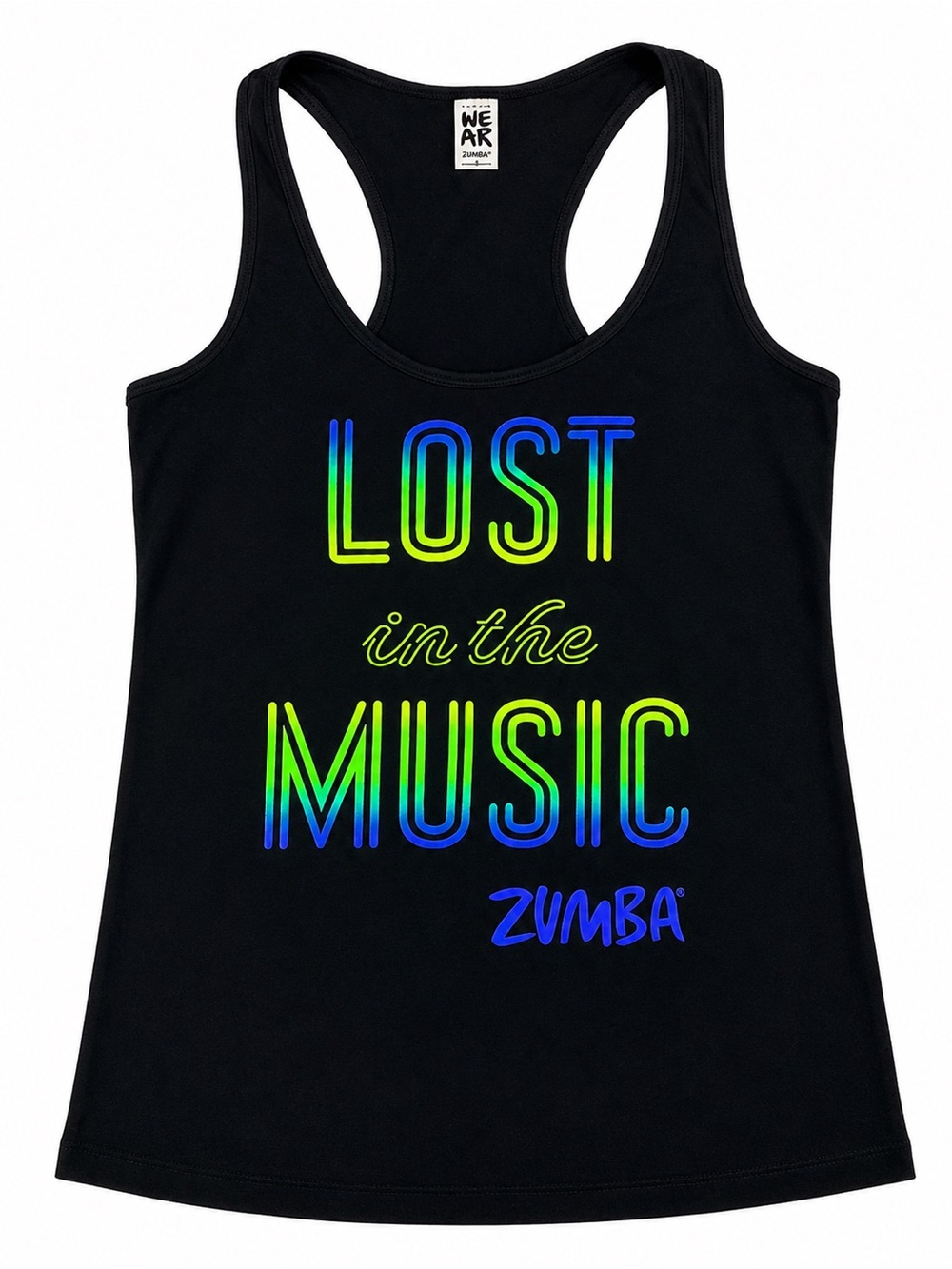 Zumba Fitness Black Tank with Neon Blue-Green 'Lost in the Music' Print